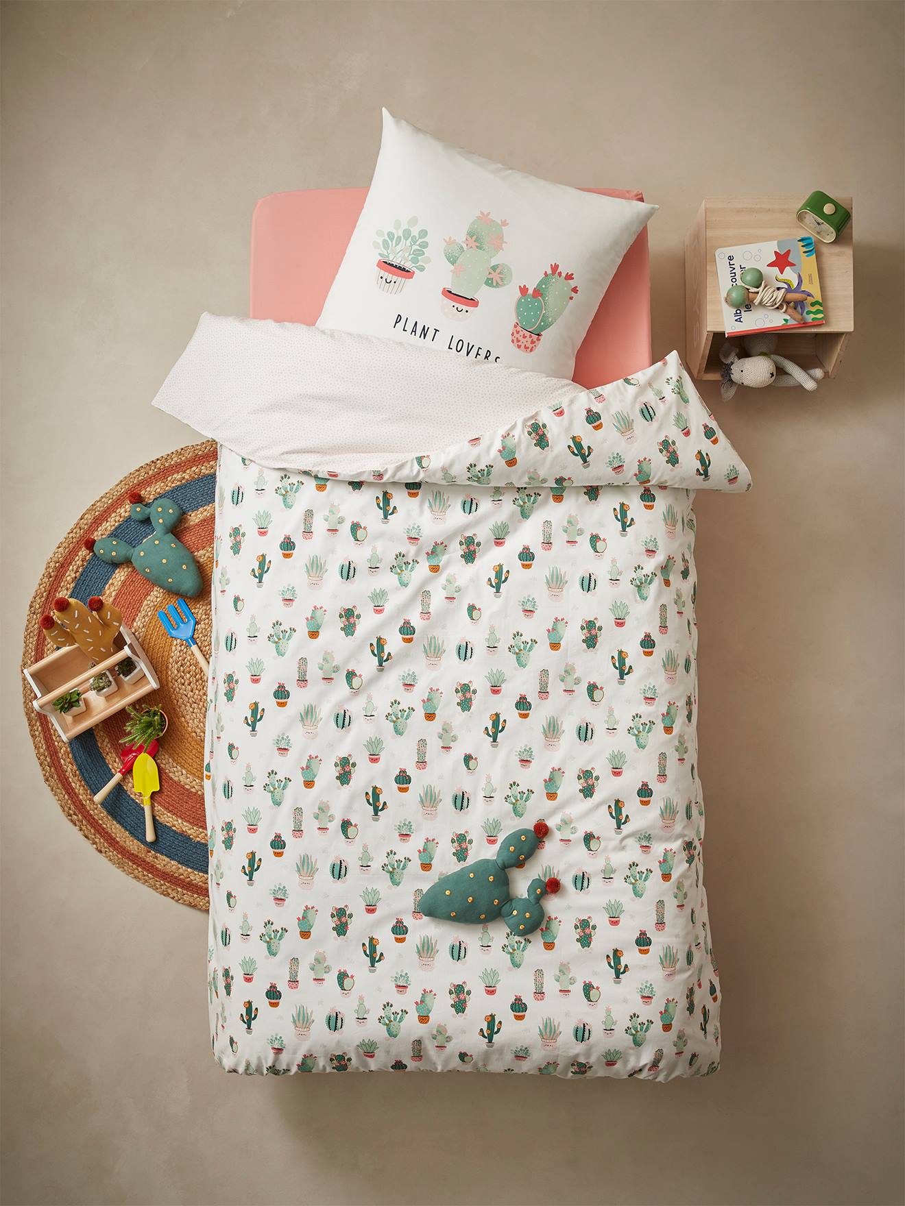 VERTBAUDET Conjunto de funda nórdica + funda de almohada infantil Cactus blanco claro estampado