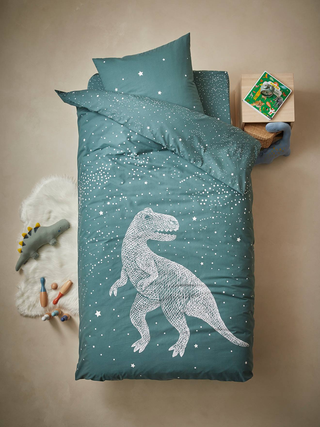 VERTBAUDET Conjunto de funda nórdica + funda de almohada con detalles fluorescentes Star T-Rex verde oscuro liso con motivos