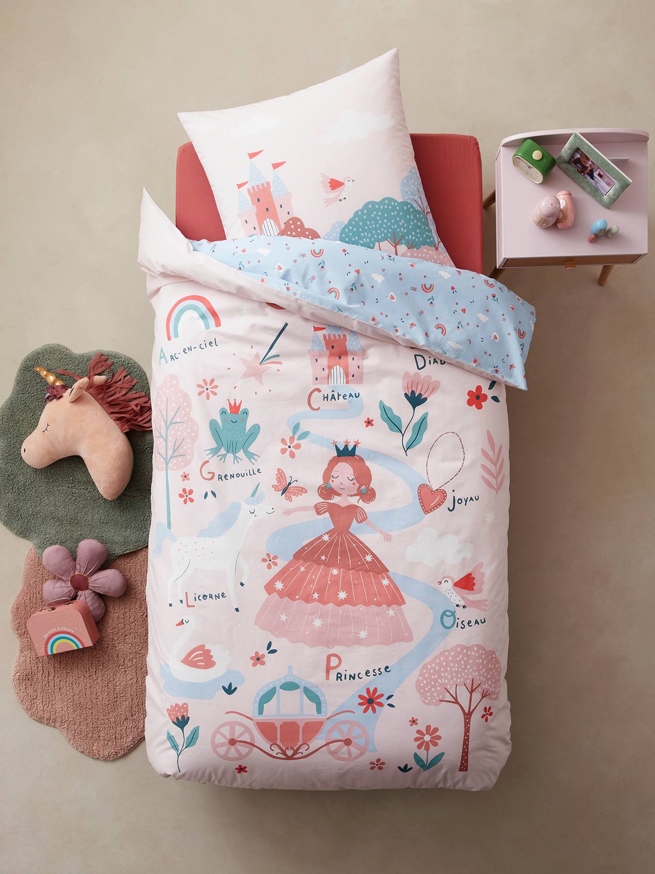 VERTBAUDET Conjunto infantil: funda nórdica + funda de almohada ABC PRINCESA malva