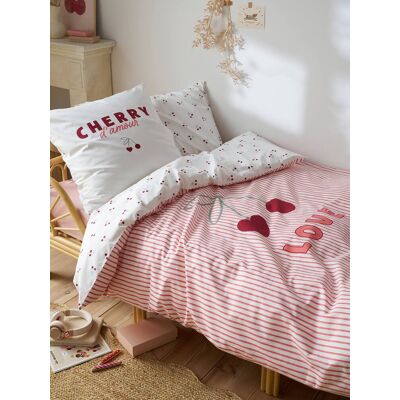VERTBAUDET Juego de funda nórdica y funda de almohada CERISES RAYURES con algodón reciclado rayas rojas VERTBAUDET Juego de funda nórdica y funda de almohada CERISES RAYURES con algodón reciclado rayas rojas