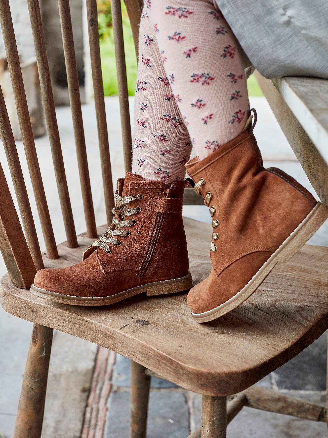 VERTBAUDET Botines de piel con cordones y cremallera, para niña marron medio liso con motivos