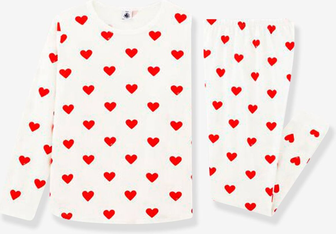 Pijama de manga larga Corazón para niña PETIT BATEAU de algodón orgánico blanco claro estampado