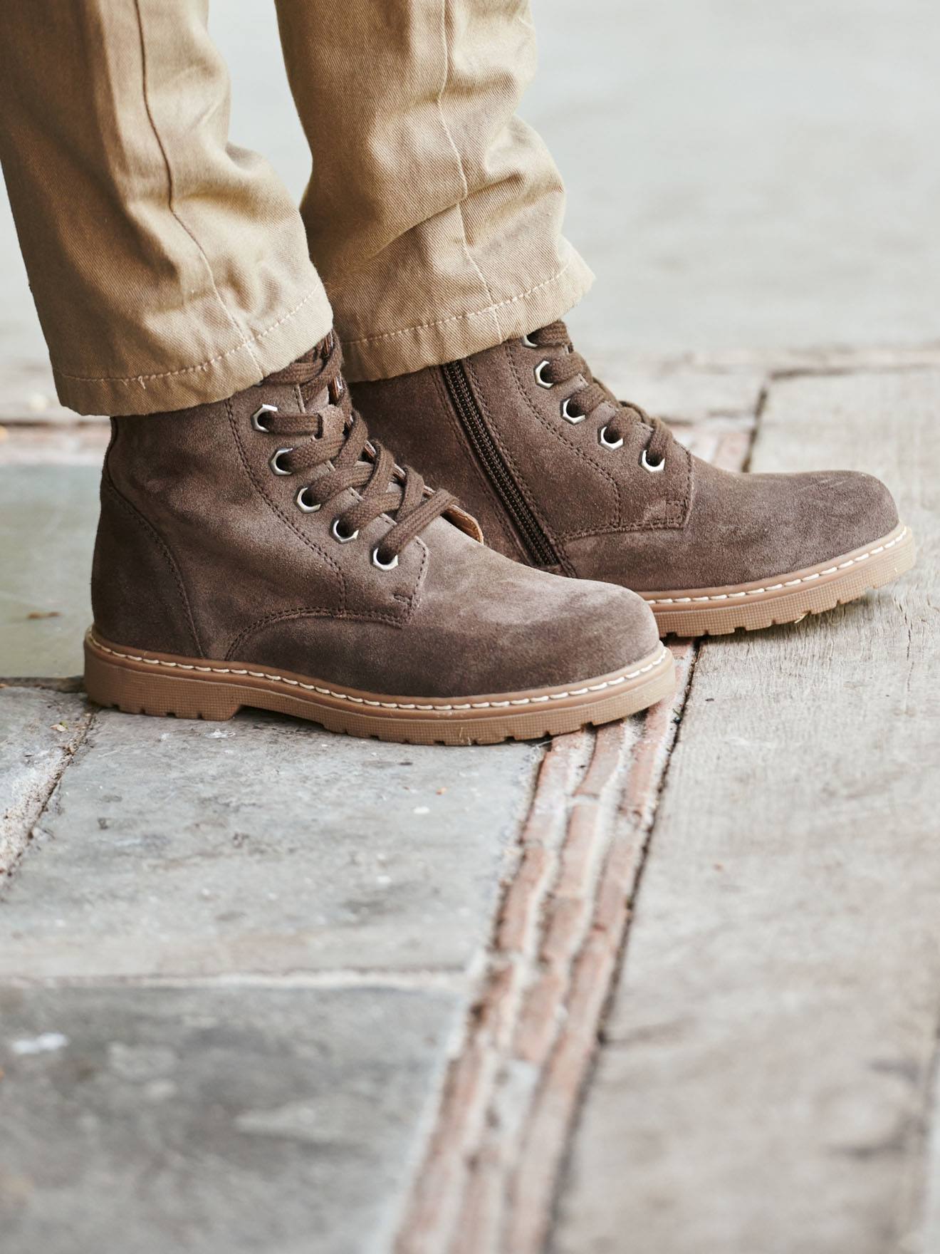 VERTBAUDET Botines de piel con cordones y cremallera, para niño marron oscuro liso