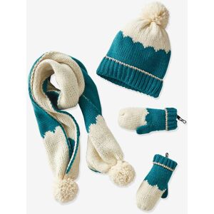 VERTBAUDET Conjunto de gorro + bufanda + manoplas/mitones para niña Oeko Tex® azul medio liso con motivos