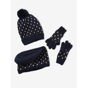 VERTBAUDET Conjunto de gorro + snood + manoplas Corazones, niña azul oscuro estampado