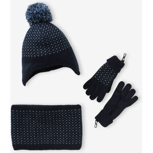 VERTBAUDET Conjunto gorro + snood + guantes o manoplas de punto jacquard para niño azul oscuro