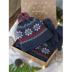 VERTBAUDET Conjunto de Navidad «Copo de nieve» para niño: gorro + snood + guantes azul marino