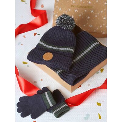 VERTBAUDET Cofre de Navidad con gorro de reno + braga de cuello + manoplas/guantes para niño azul marino VERTBAUDET Cofre de Navidad con gorro de reno + braga de cuello + manoplas/guantes para niño azul marino