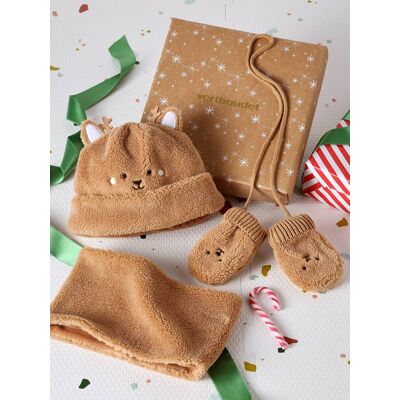 VERTBAUDET Lote de Navidad con gorro de osito, braga de cuello y manoplas para bebé nuez de pacana VERTBAUDET Lote de Navidad con gorro de osito, braga de cuello y manoplas para bebé nuez de pacana