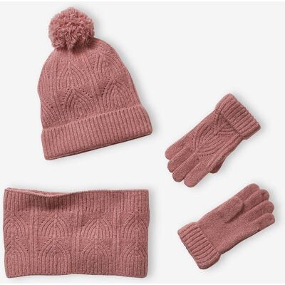 VERTBAUDET Conjunto de gorro + snood + mitones de punto bobo trenzado rosa medio liso VERTBAUDET Conjunto de gorro + snood + mitones de punto bobo trenzado rosa medio liso