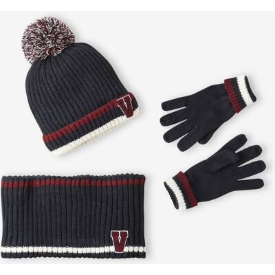 VERTBAUDET Conjunto gorro + snood + guantes de punto de canalé para niño azul marino VERTBAUDET Conjunto gorro + snood + guantes de punto de canalé para niño azul marino