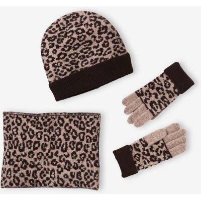 VERTBAUDET Conjunto gorro + snood + guantes leopardo para niña marrón estampado VERTBAUDET Conjunto gorro + snood + guantes leopardo para niña marrón estampado
