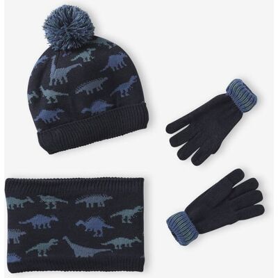 VERTBAUDET Conjunto con gorro + braga de cuello + manoplas/guantes “Dinos”, para niño azul marino VERTBAUDET Conjunto con gorro + braga de cuello + manoplas/guantes “Dinos”, para niño azul marino