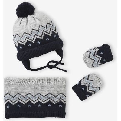 VERTBAUDET Conjunto jacquard de gorro, braga de cuello y manoplas, para bebé gris jaspeado VERTBAUDET Conjunto jacquard de gorro, braga de cuello y manoplas, para bebé gris jaspeado
