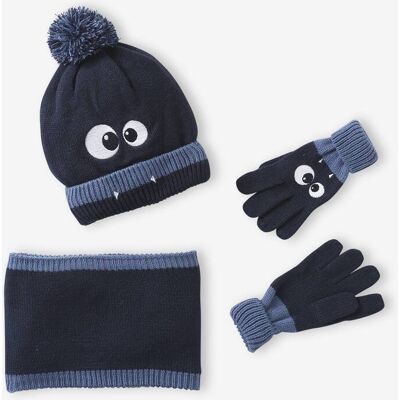 VERTBAUDET Conjunto con gorro + braga de cuello + manoplas/guantes «Monstre», para niño azul marino VERTBAUDET Conjunto con gorro + braga de cuello + manoplas/guantes «Monstre», para niño azul marino