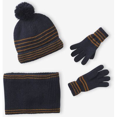 VERTBAUDET Conjunto a rayas con gorro + braga de cuello + manoplas/guantes, para niño azul chambray VERTBAUDET Conjunto a rayas con gorro + braga de cuello + manoplas/guantes, para niño azul chambray