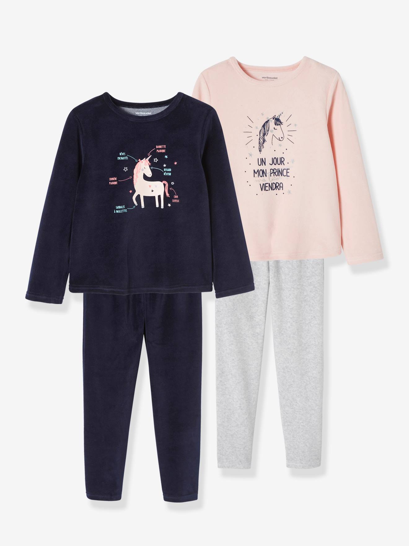 VERTBAUDET Pack de 2 pijamas de terciopelo «unicornio» para niña rosa claro liso con motivos