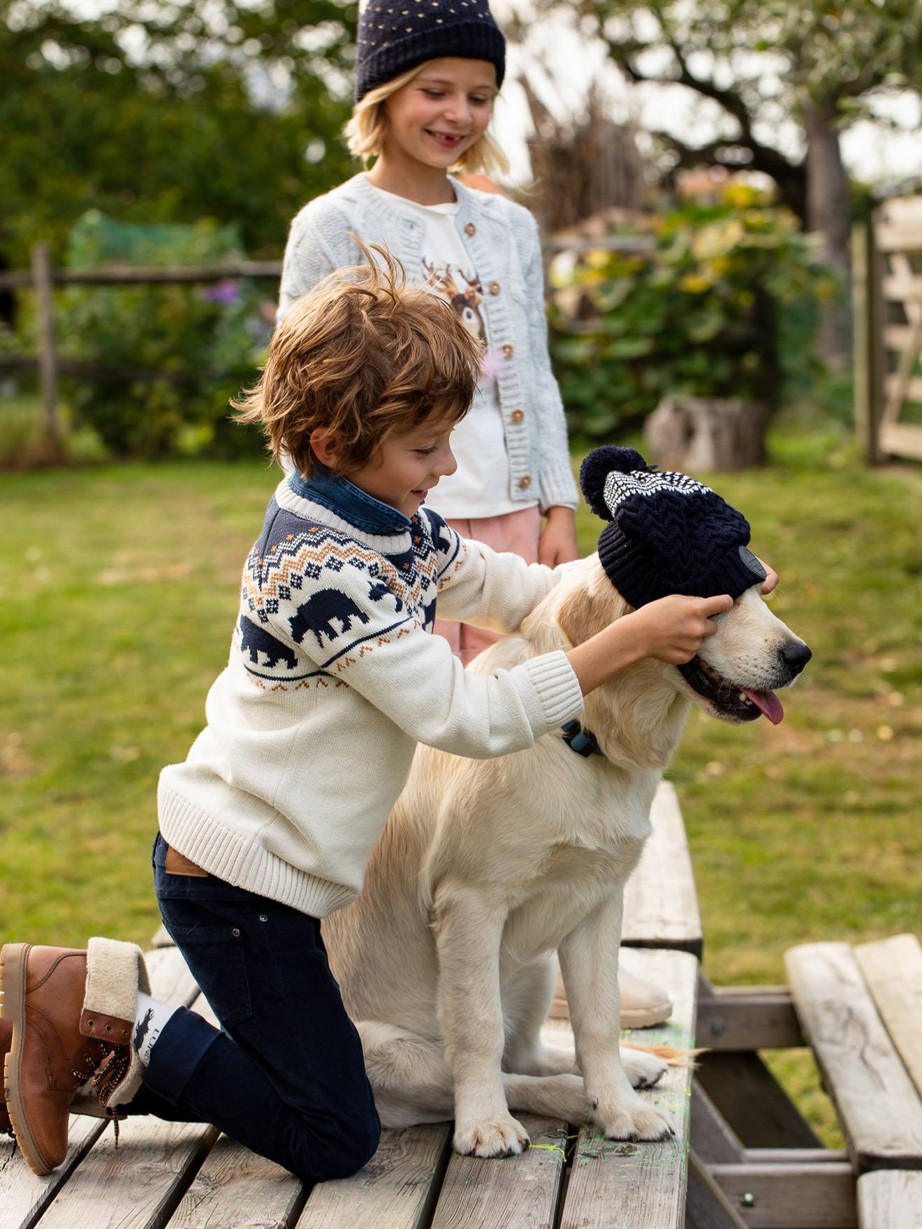 VERTBAUDET Pantalón slim de pana, para niño azul oscuro liso con motivos