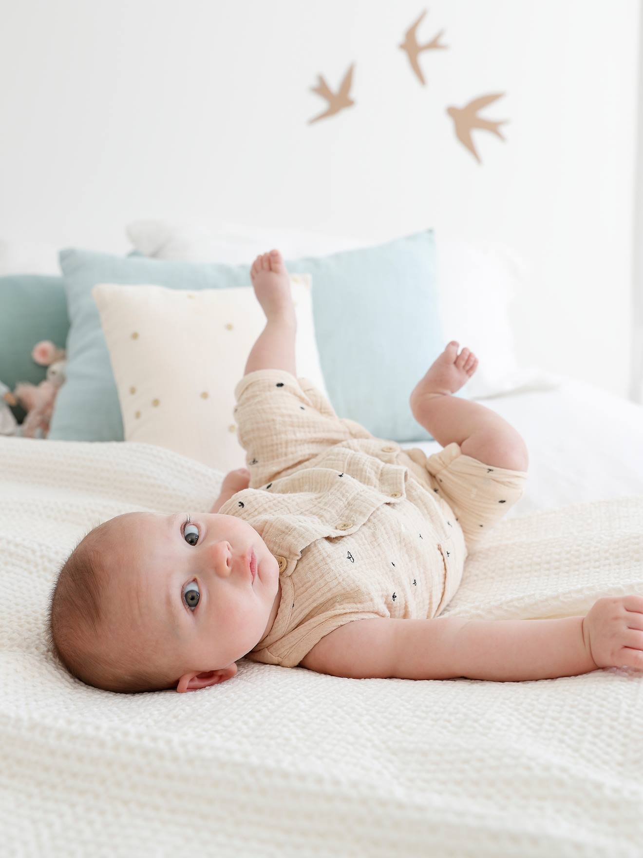 VERTBAUDET Mono para bebé recién nacido niño de gasa de algodón bordado beige claro liso