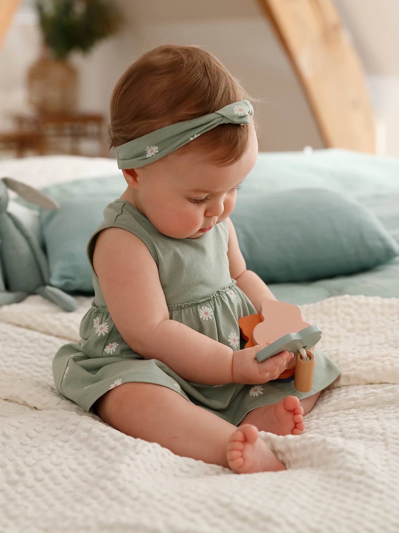 VERTBAUDET Vestido y cinta para el cabello a juego para bebé niña verde claro estampado