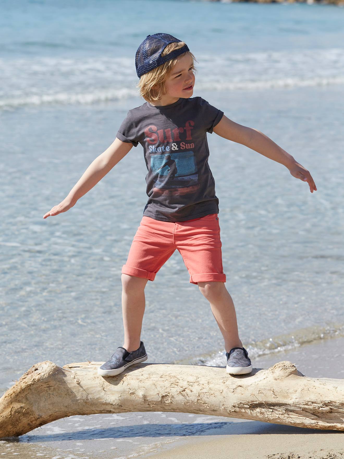 VERTBAUDET Bermudas niño naranja medio liso con motivos