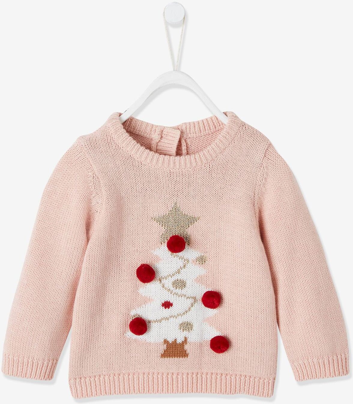 VERTBAUDET Jersey de Navidad para bebé Abeto y Pompones rosa claro liso con motivos