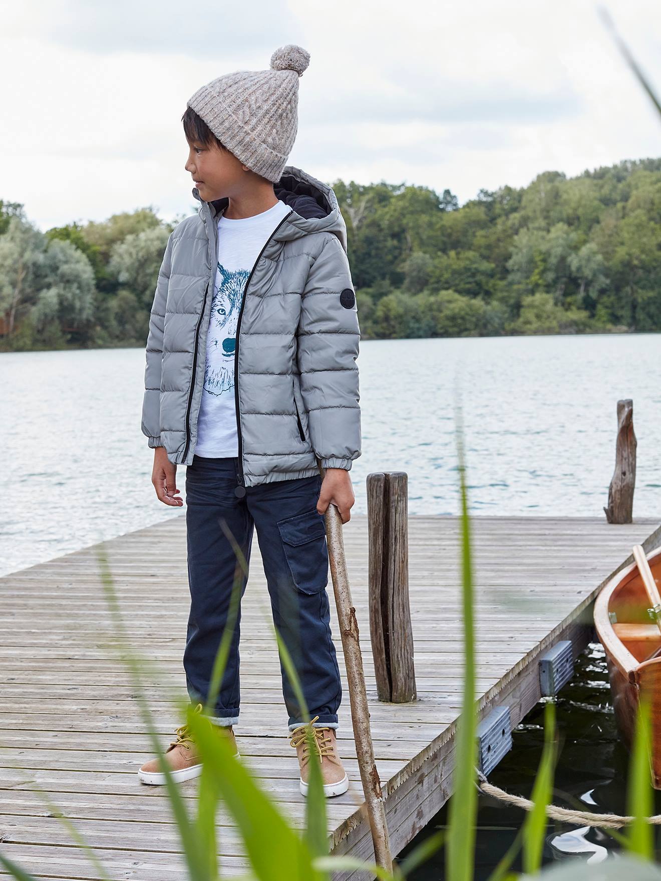 VERTBAUDET Chaqueta acolchada con capucha con forro polar, efecto reflectante y relleno de fibras recicladas, niño gris medio liso con motivos