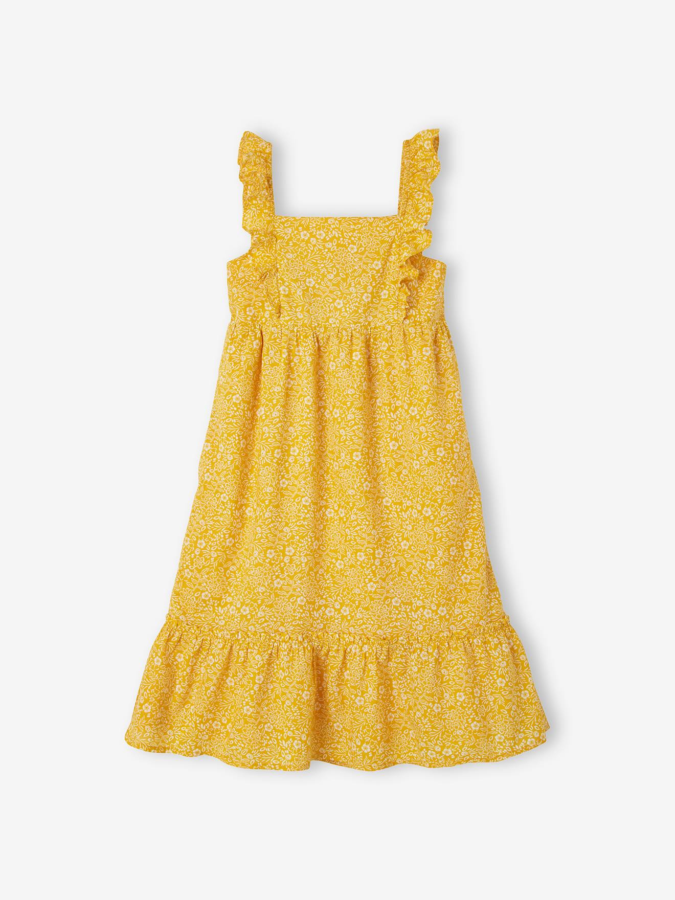 VERTBAUDET Vestido largo de tirantes con volantes, para niña amarillo oscuro estampado