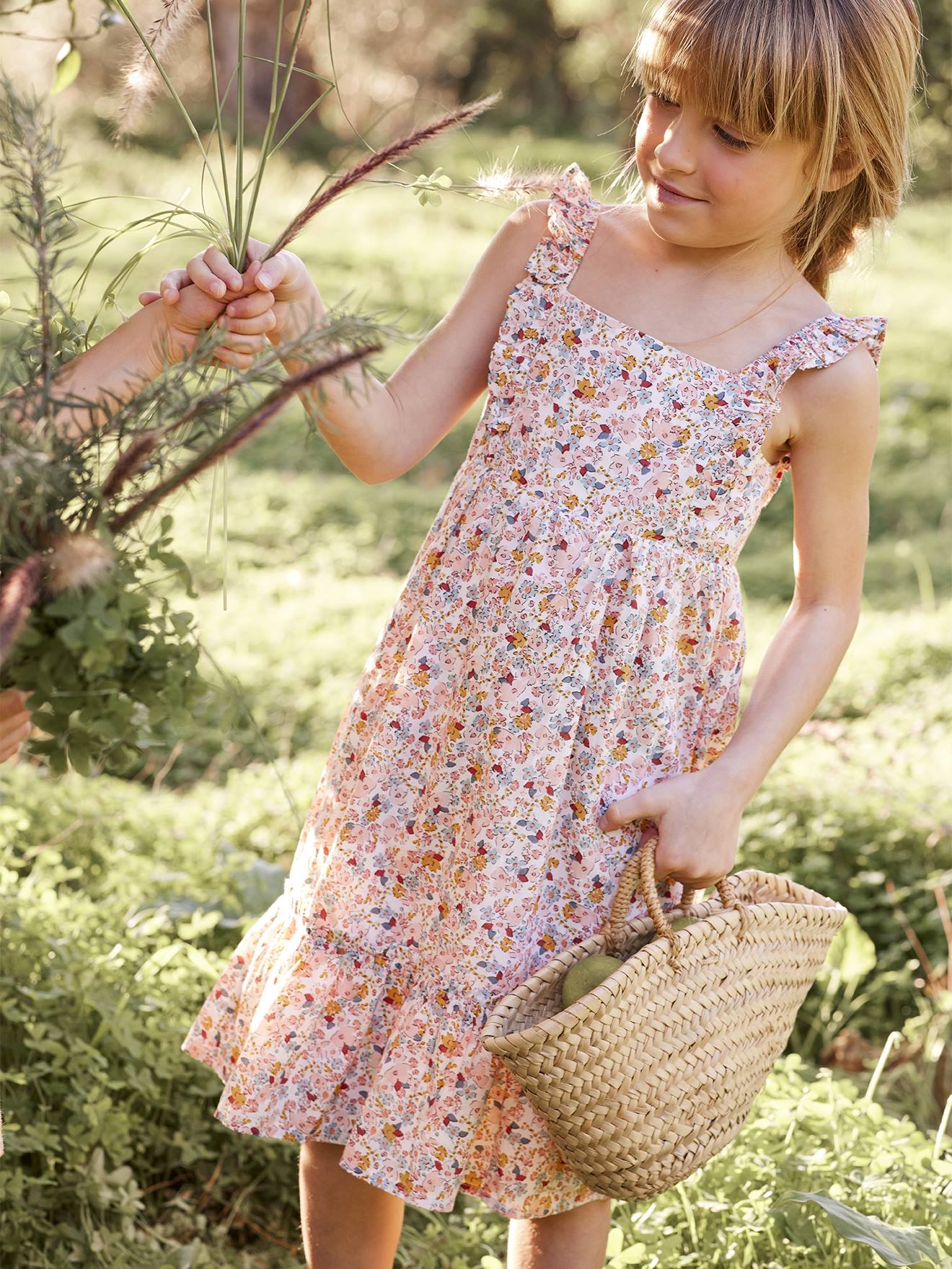 VERTBAUDET Vestido largo de tirantes con volantes, para niña blanco claro estampado