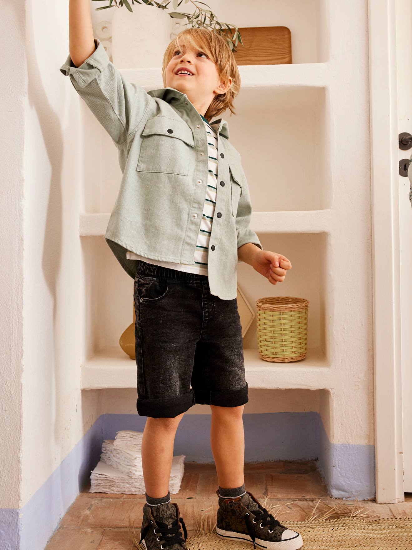 VERTBAUDET Bermudas de felpa efecto denim, para niño negro oscuro liso