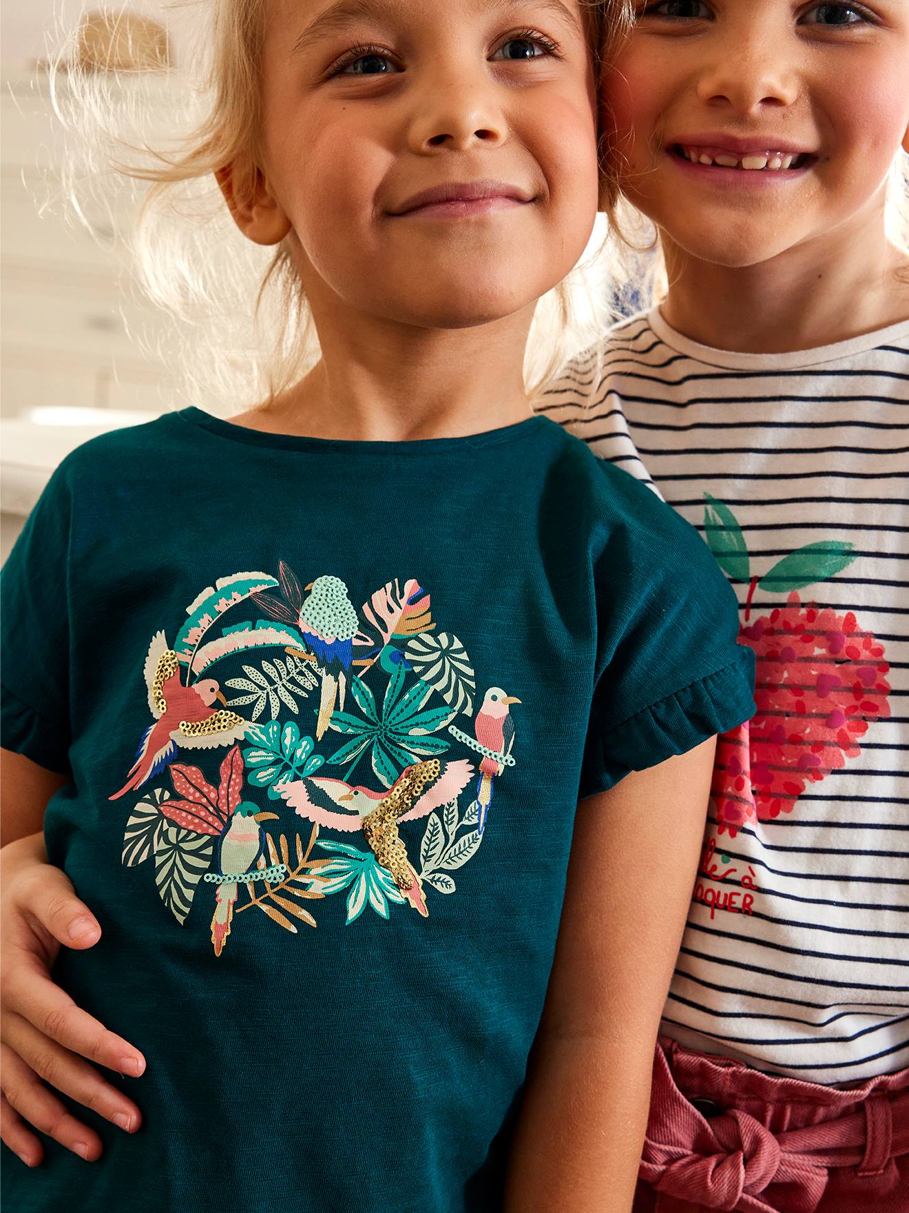 VERTBAUDET Camiseta con volante y motivo de lentejuelas, para niña verde oscuro liso con motivos