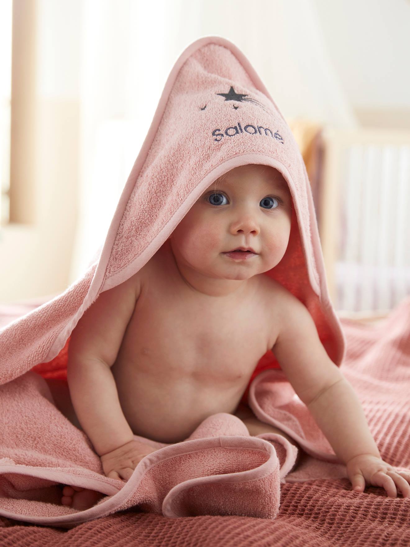 VERTBAUDET Capa de baño + manopla de baño personalizable rosa claro liso