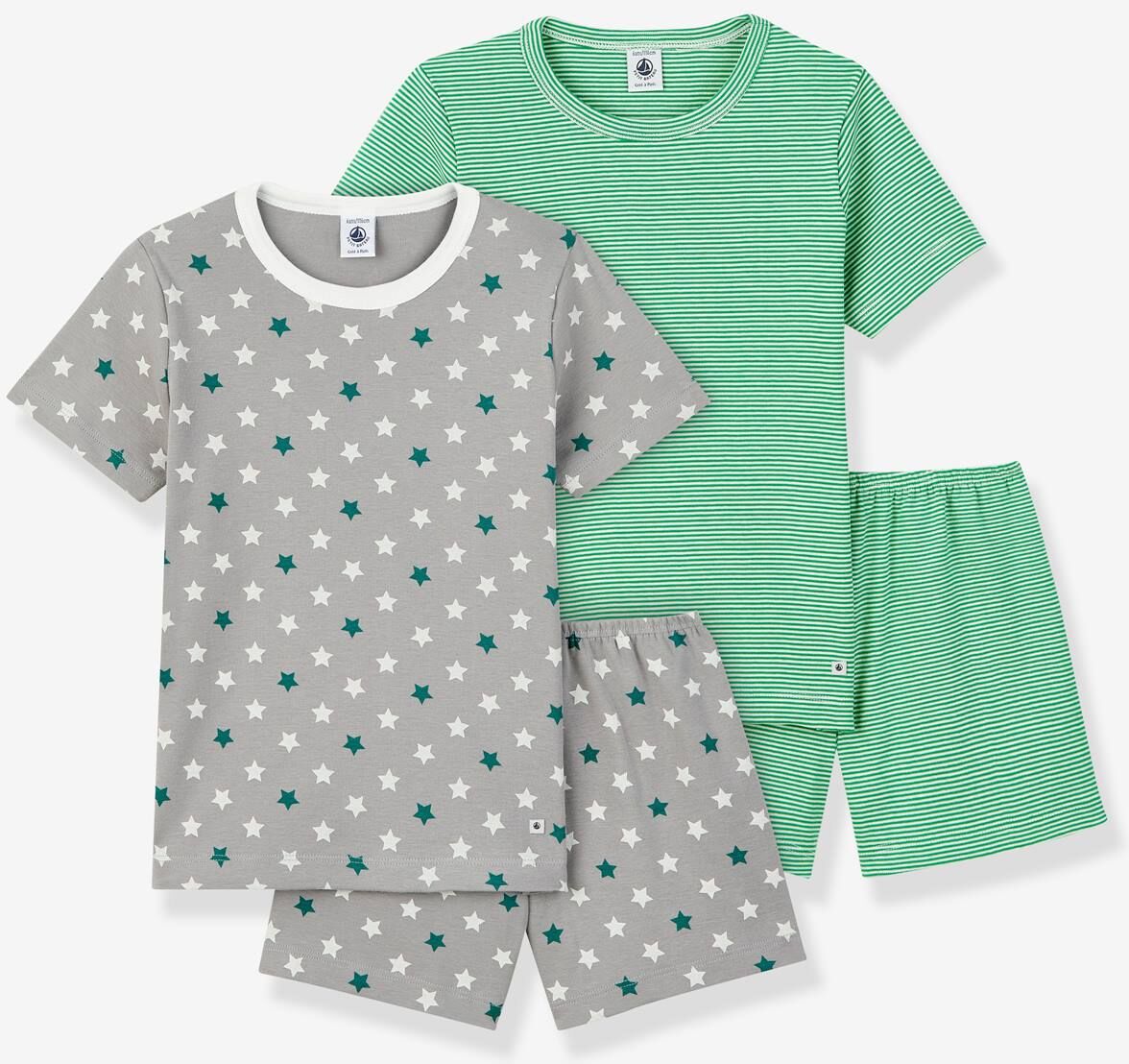 Pack de 2 pijamas con short Estrellas y milrayas de algodón para niño PETIT BATEAU verde medio a rayas