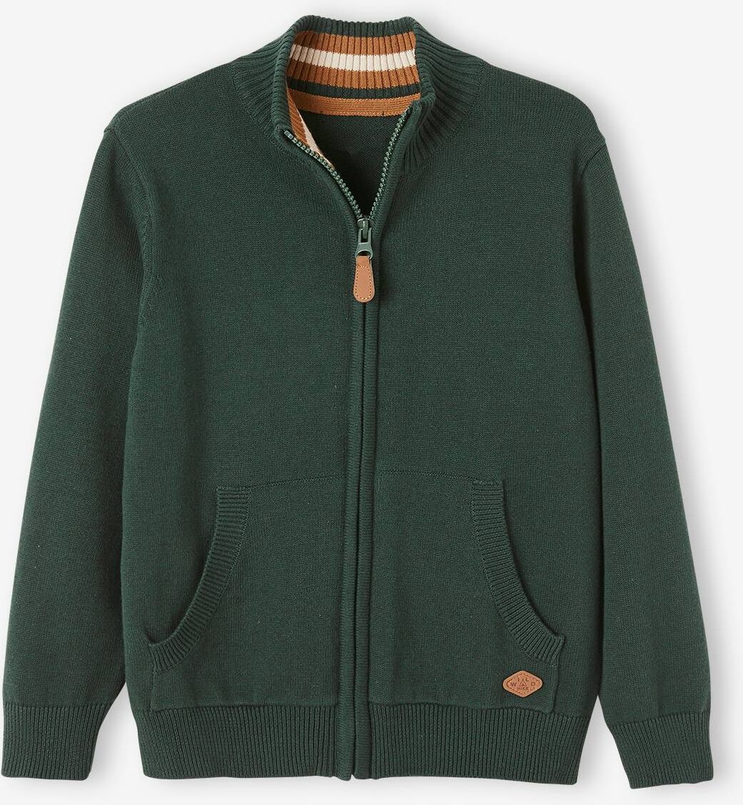 VERTBAUDET Chaqueta de punto de cuello alto con cremallera, para niño verde oscuro liso con motivos