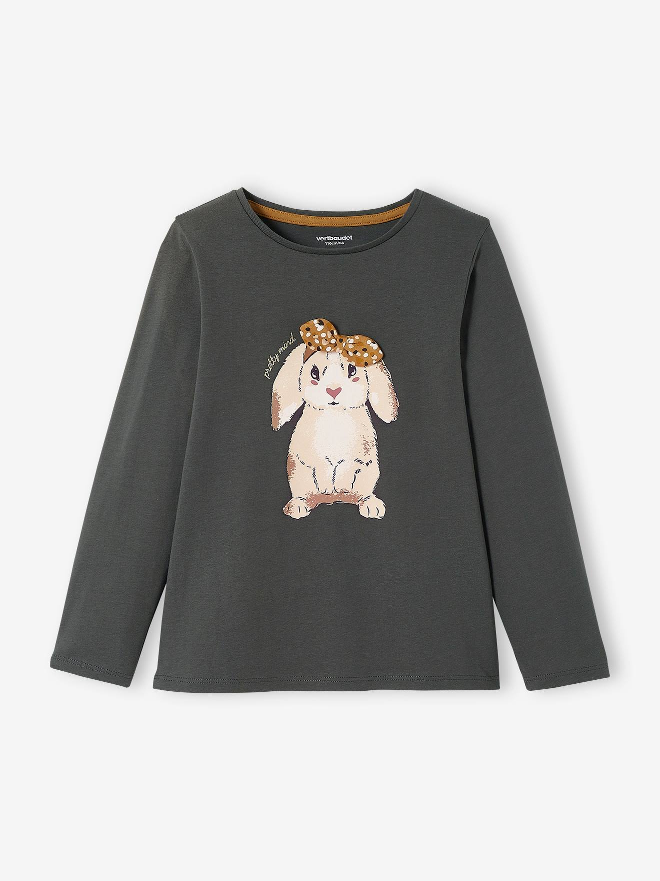 VERTBAUDET Camiseta con conejo y lacito fantasía, niña gris oscuro liso con motivos