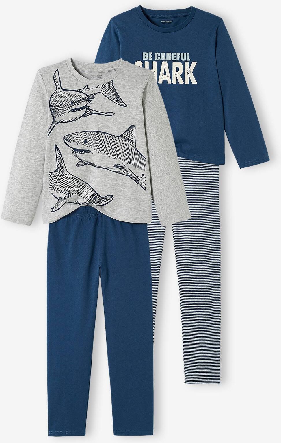 VERTBAUDET Pack de 2 pijamas "Tiburones", niño azul oscuro liso con motivos