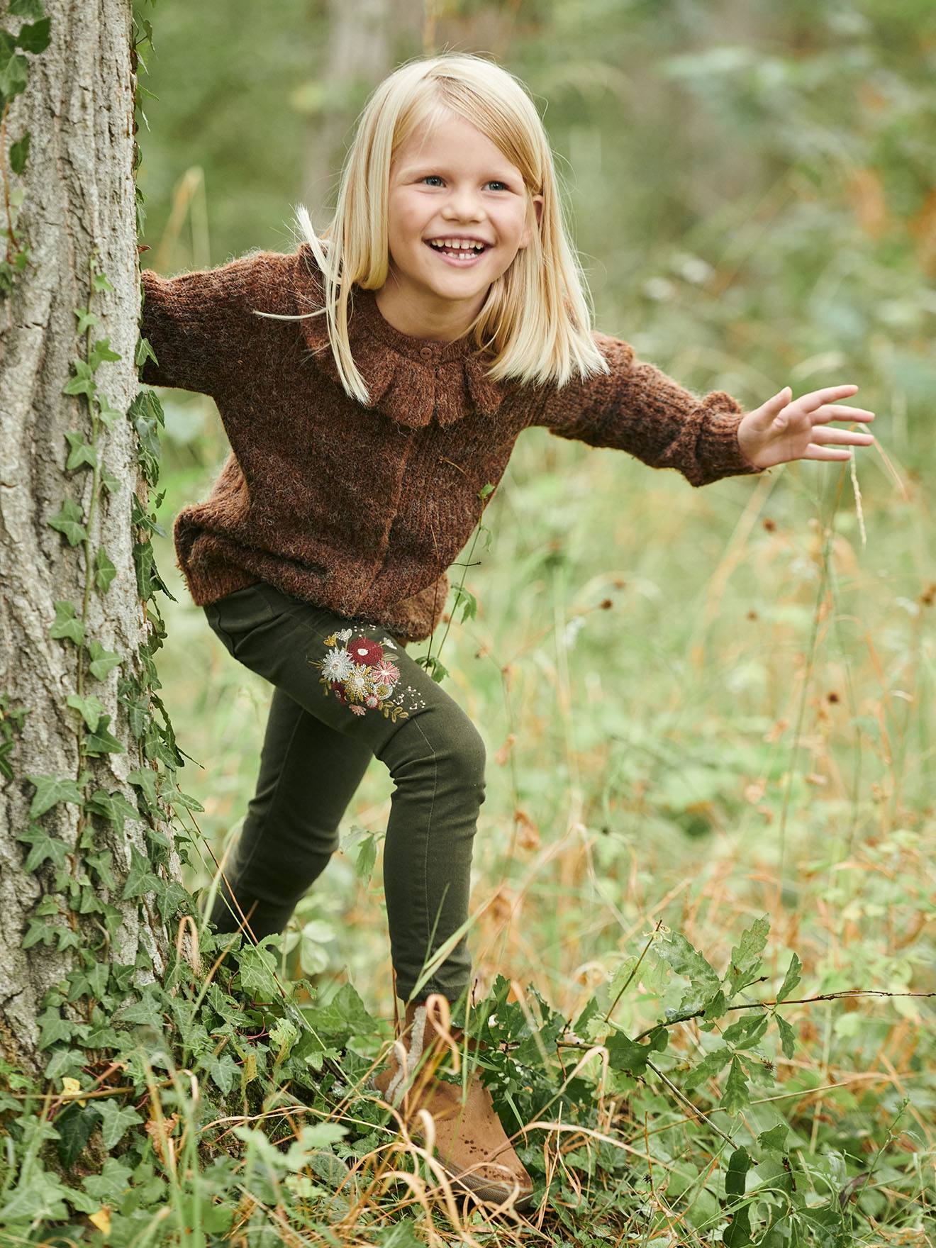 VERTBAUDET Pantalón slim bordado de flores con talle alto, niña verde medio liso con motivos