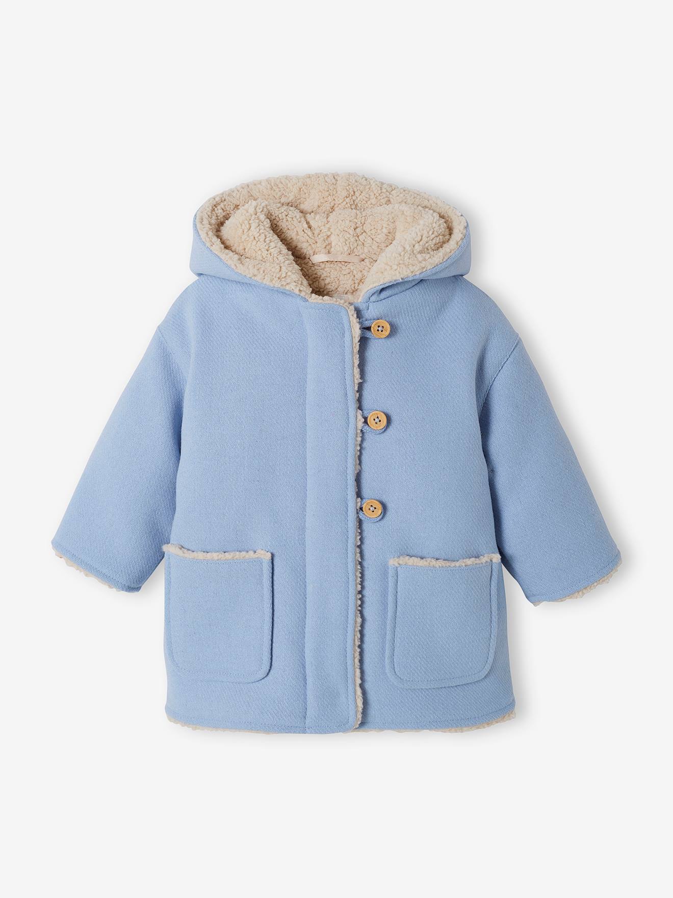 VERTBAUDET Abrigo de paño de lana con forro de pelo sintético para bebé azul claro