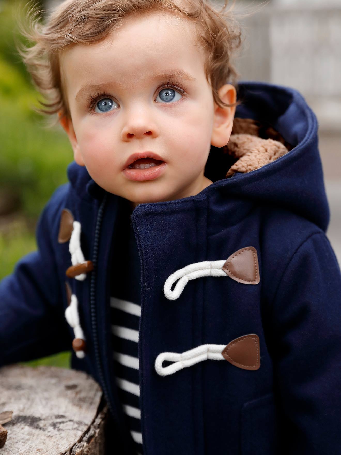VERTBAUDET Abrigo trenca austríaca con capucha, para bebé azul oscuro liso con motivos