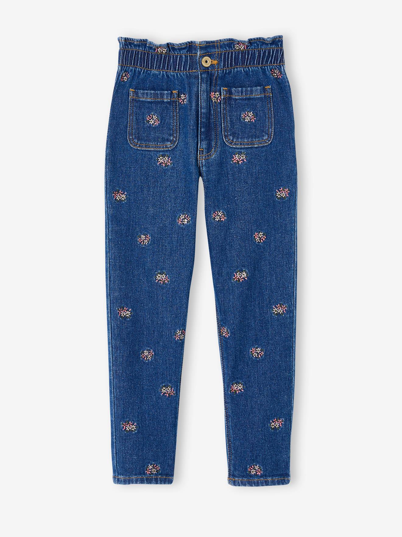 VERTBAUDET Pantalón estilo «paperbag» con bordado de flores para niña azul jeans