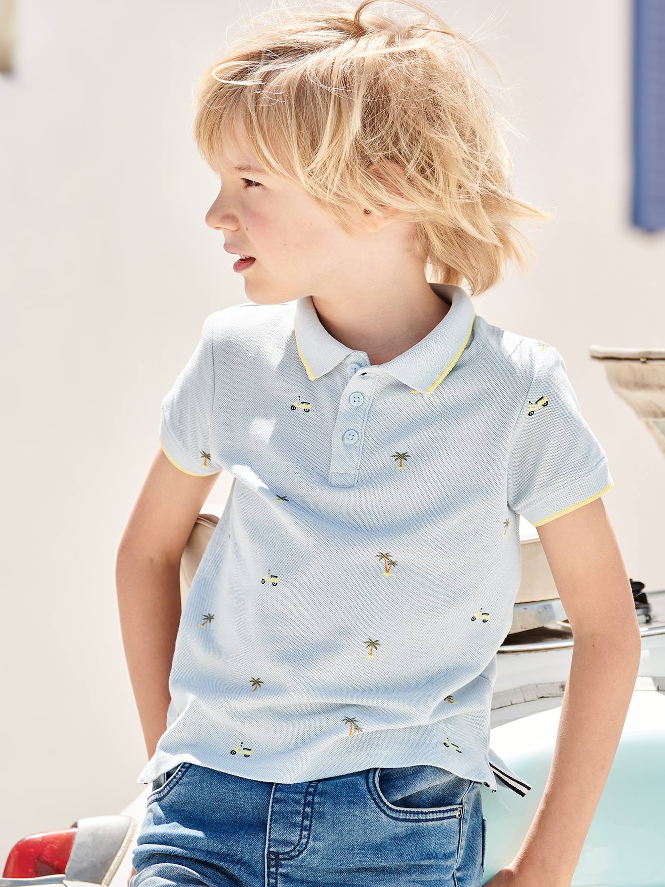 VERTBAUDET Polo de punto piqué con estampado para niño azul estampado