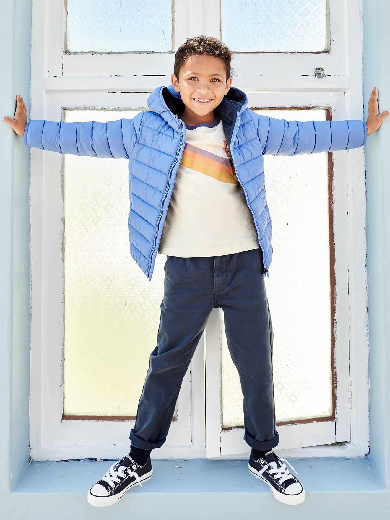 VERTBAUDET Pantalón chino fácil de llevar, para niño azul oscuro liso con motivos