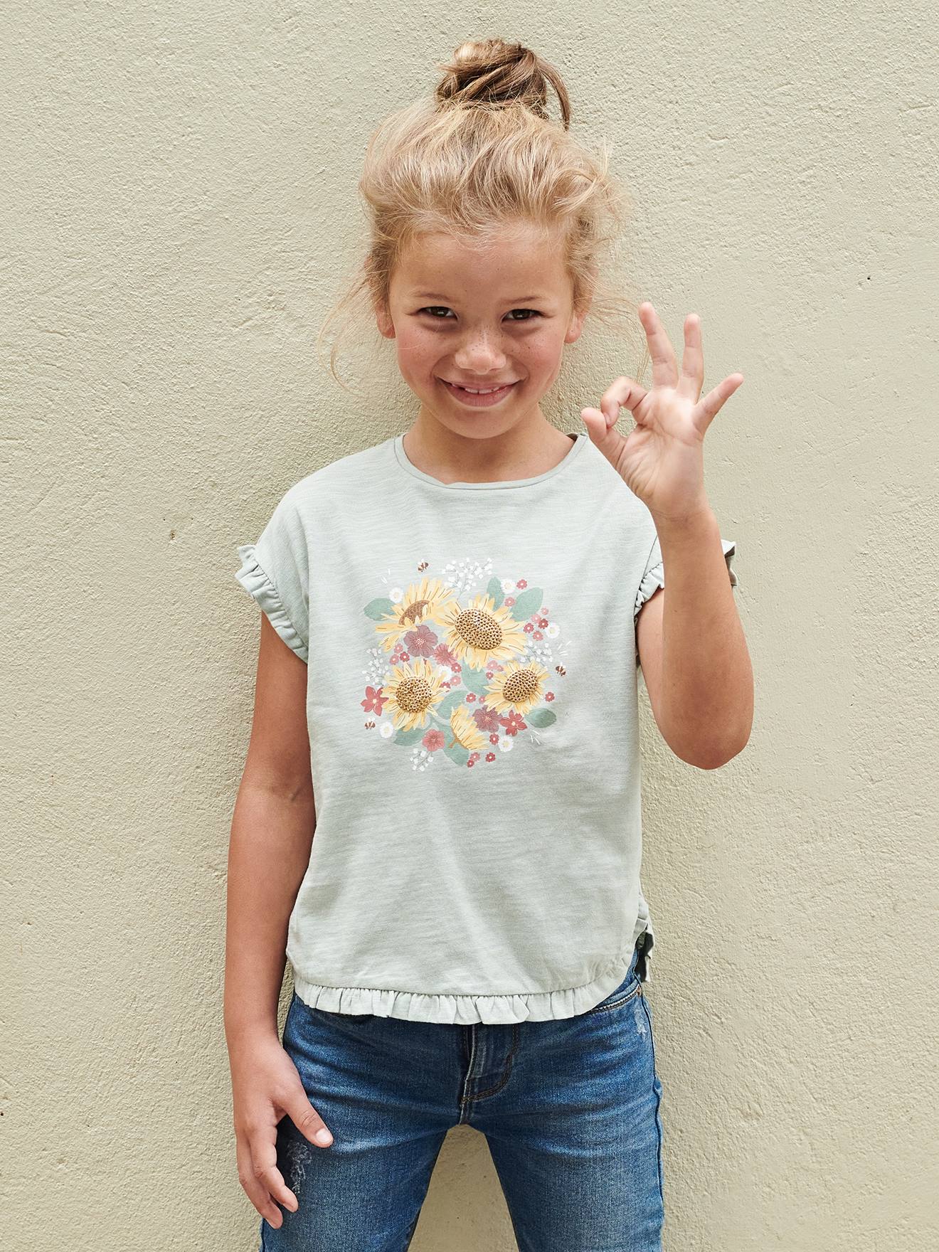 VERTBAUDET Camiseta con volante y motivo de lentejuelas, para niña verde agua