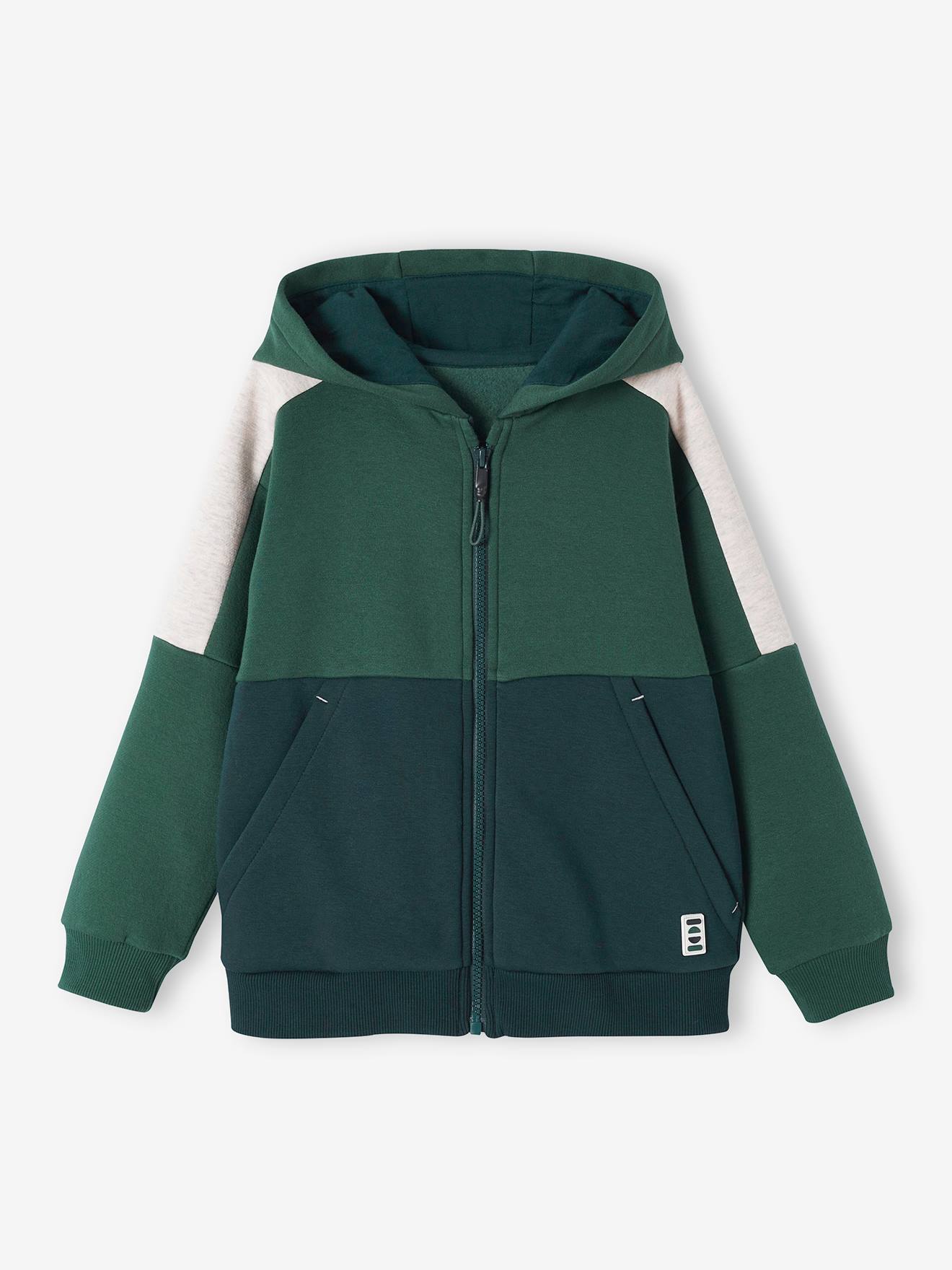 VERTBAUDET Sudadera deportiva con cremallera y capucha efecto colorblock niño verde pino