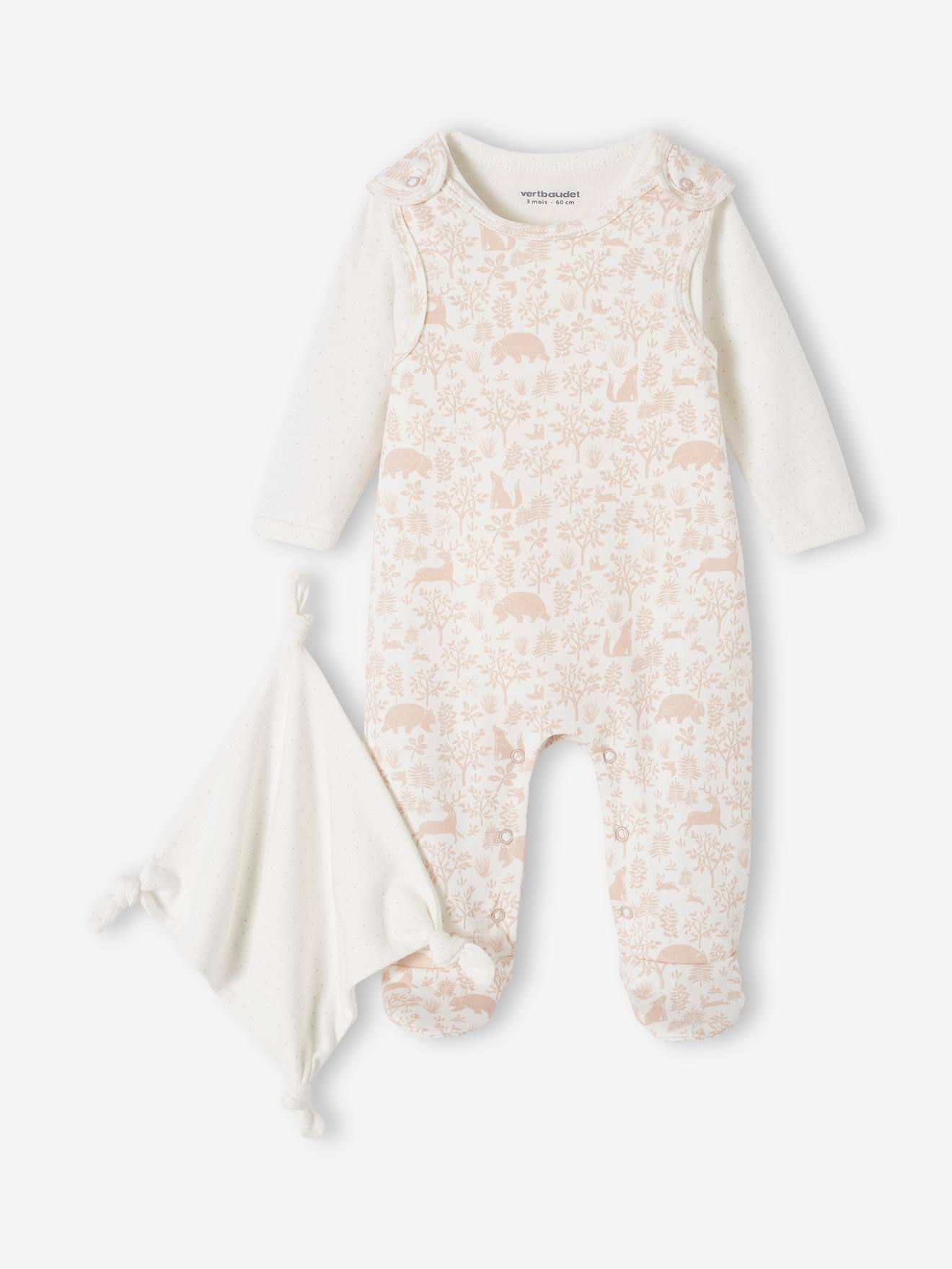 VERTBAUDET Conjunto de 3 prendas para recién nacido: pelele + body + doudou de algodón orgánico rosa maquillaje