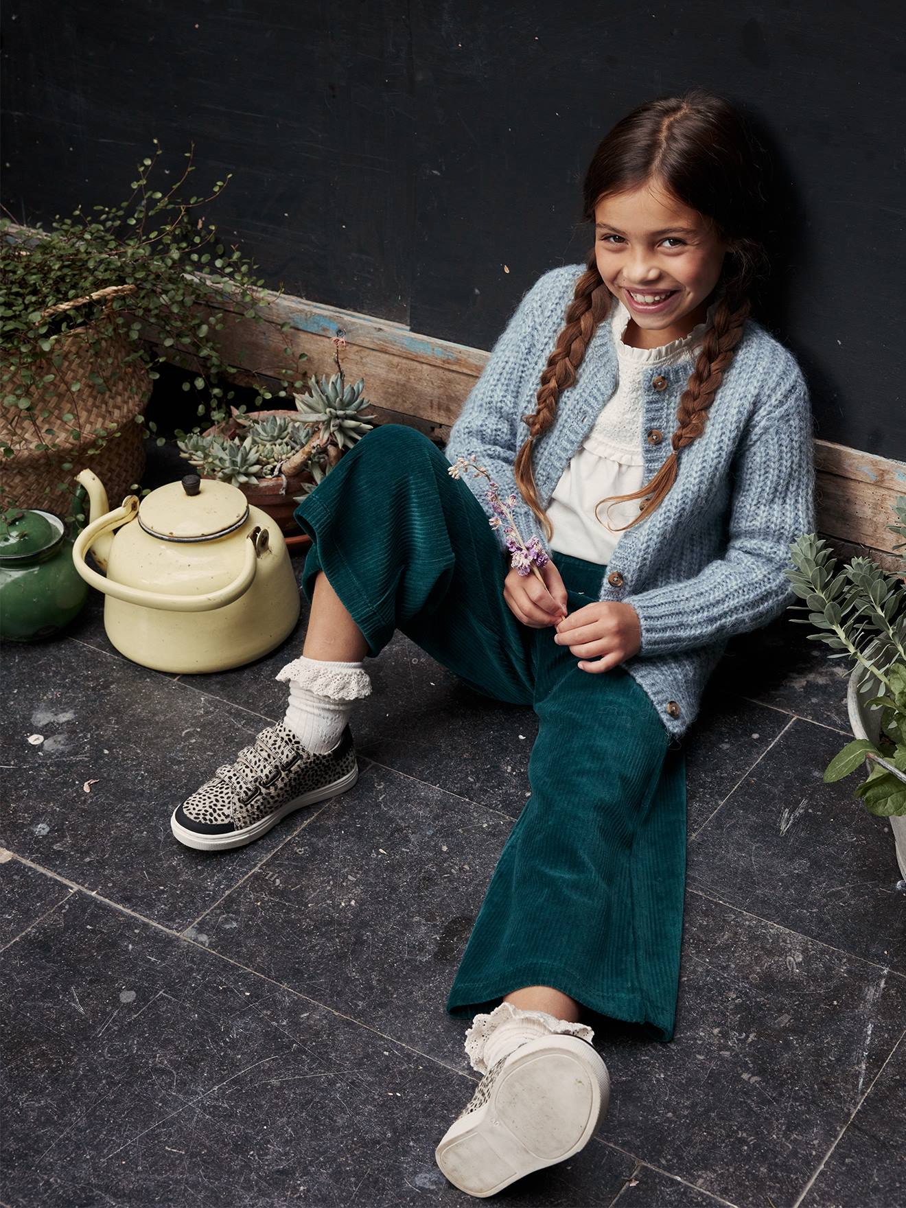 VERTBAUDET Pantalón ancho de pana, niña verde pino