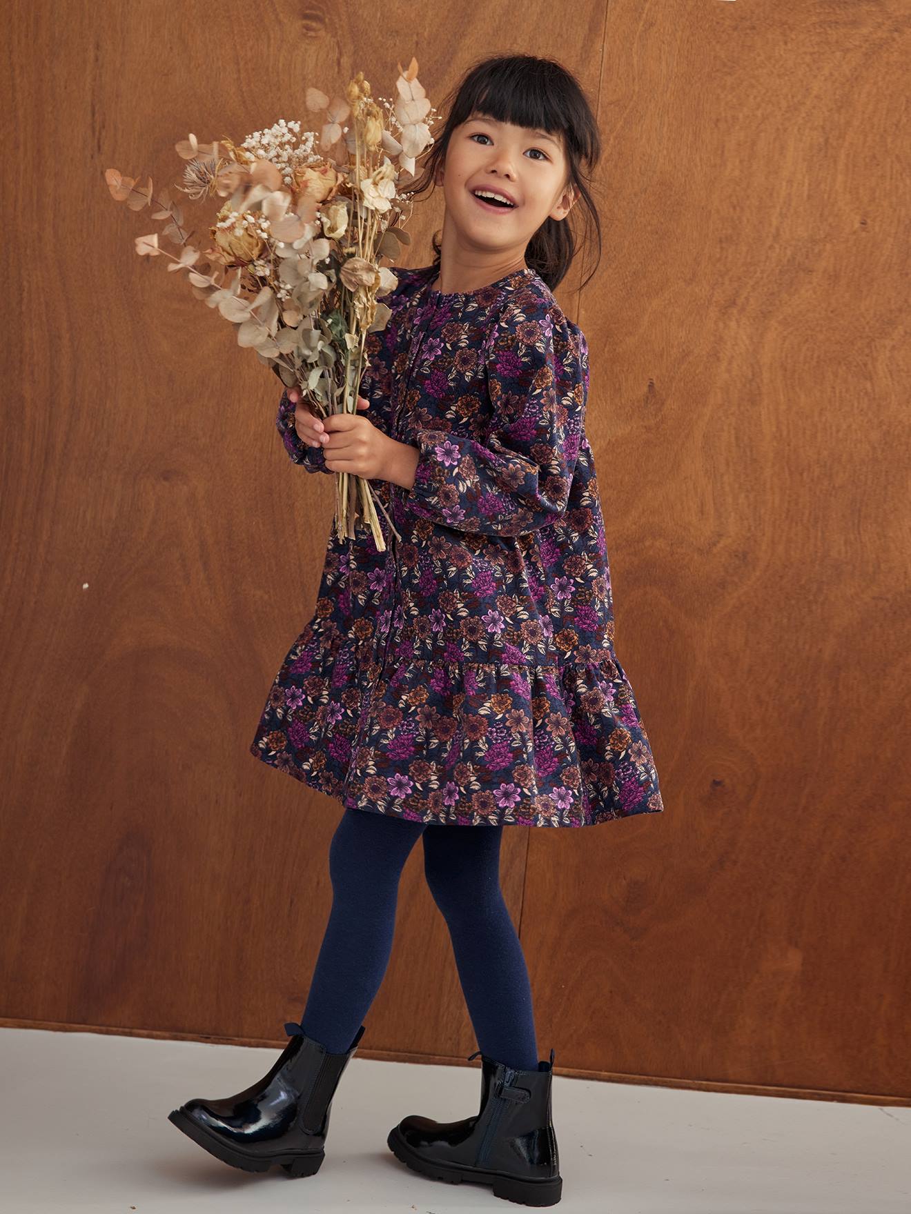 VERTBAUDET Vestido de flores de pana para niña azul oscuro