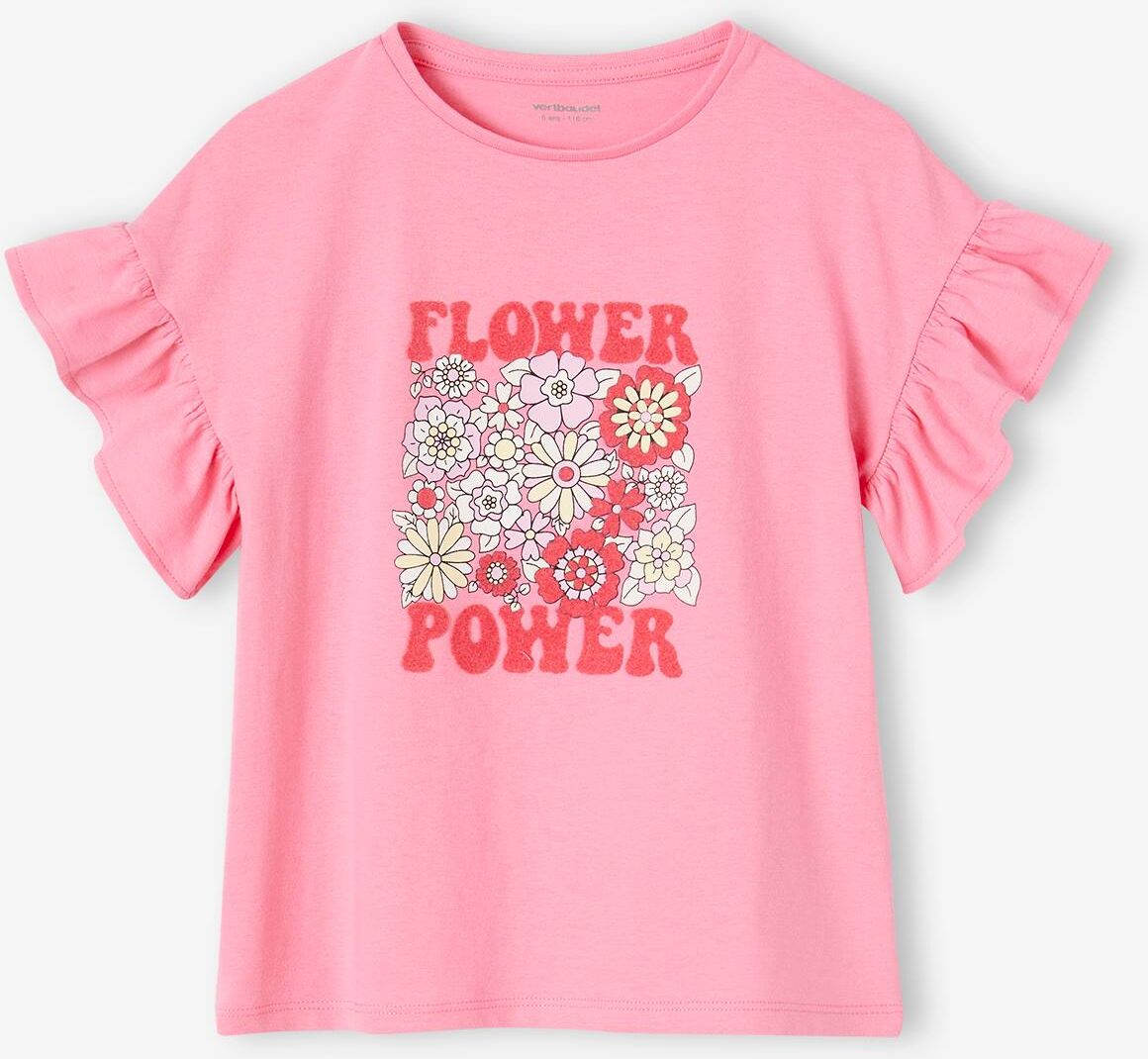 VERTBAUDET Camiseta "Flower Power" con volantes en las mangas para niña rosa chicle