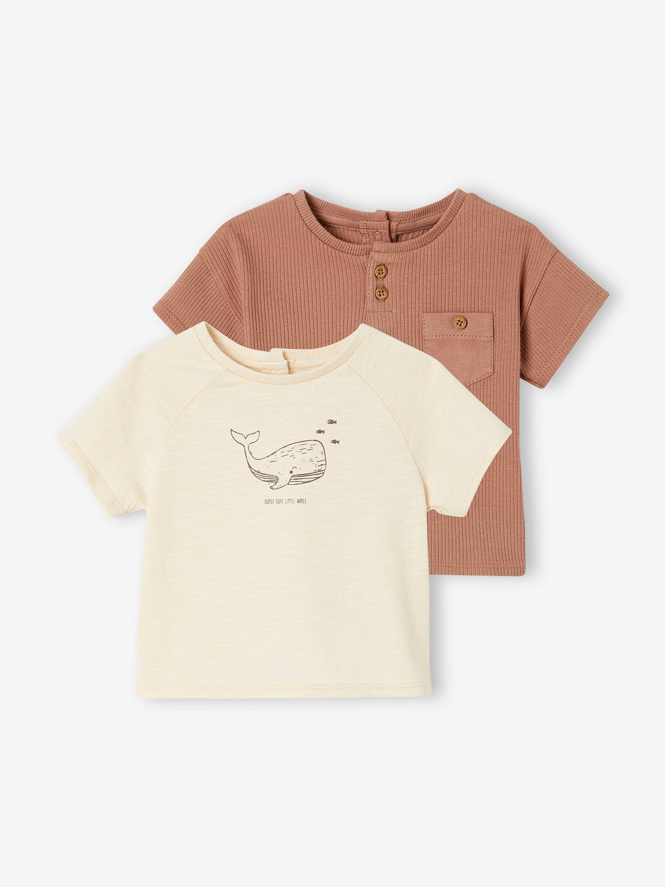 VERTBAUDET Pack de 2 camisetas de algodón orgánico para bebé recién nacido moka