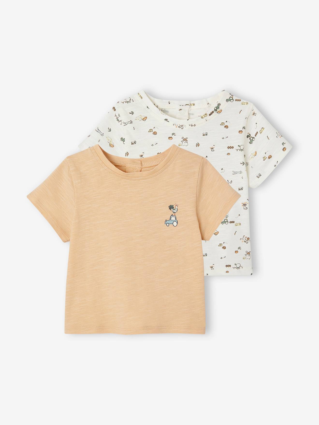 VERTBAUDET Pack de 2 camisetas de manga corta y algodón orgánico para recién nacido beige